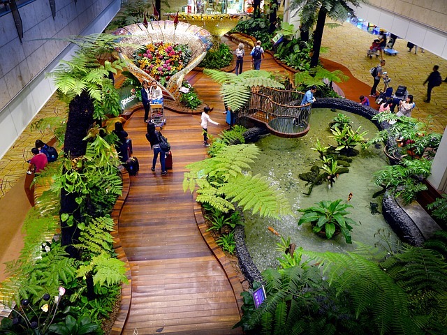 Majestic Changi Airport exterior bustling travelers lush landscaping modern glass architecture tropical vegetation