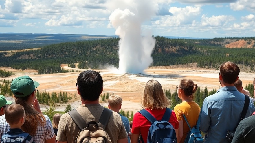 Family travel adventures at Yellowstone, observing Old Faithful geyser's eruption.