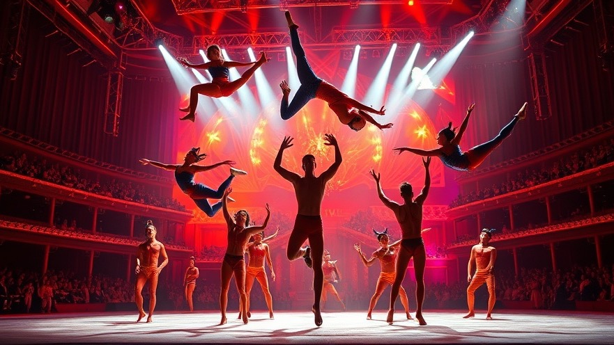 Vibrant Cirque du Soleil performers at Disney Springs, showcasing dynamic acrobatic action.