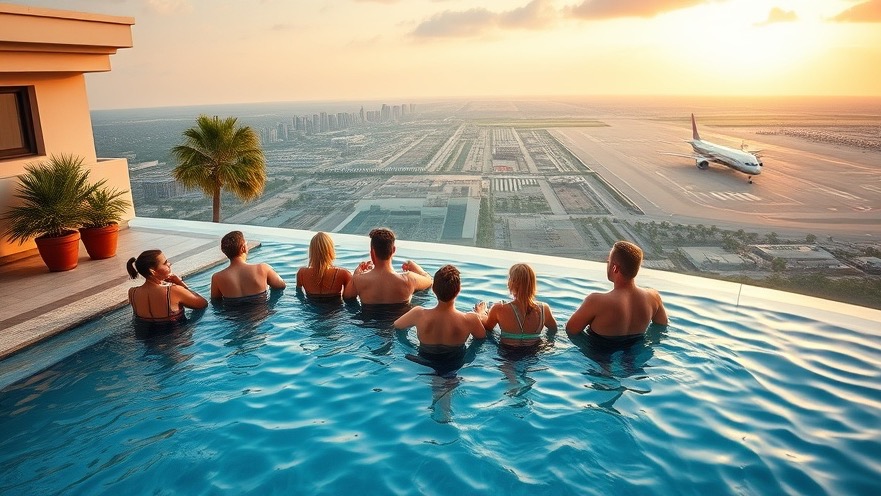 Luxurious rooftop swimming pool with relaxed travelers, vibrant swimwear, and panoramic city view.