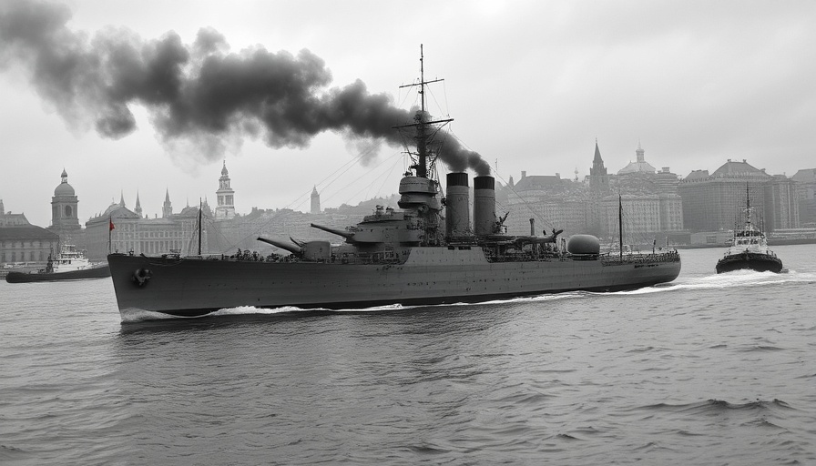 Vintage warship with tugboats navigating a harbor, monochrome photo.