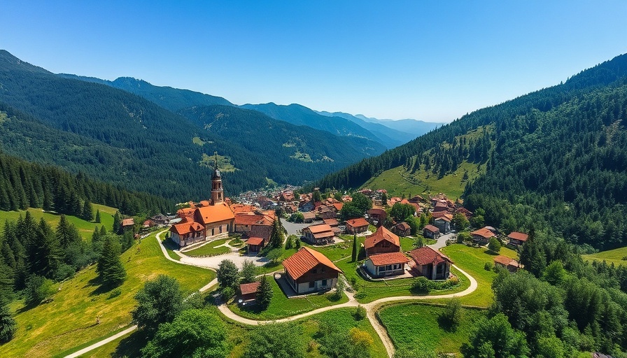 Aerial view of Santu Lussurgiu nestled in lush hills under a clear blue sky.
