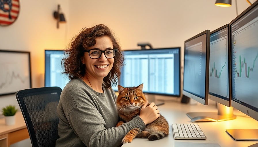 Woman enjoying work from home with a cat, cozy travelling experience setup.