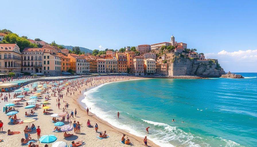 Bustling beach in Camogli, Italy, with vibrant sea and historic buildings.