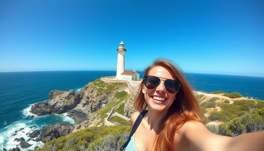 Smiling woman on rocky coast with lighthouse backdrop, clear sky.