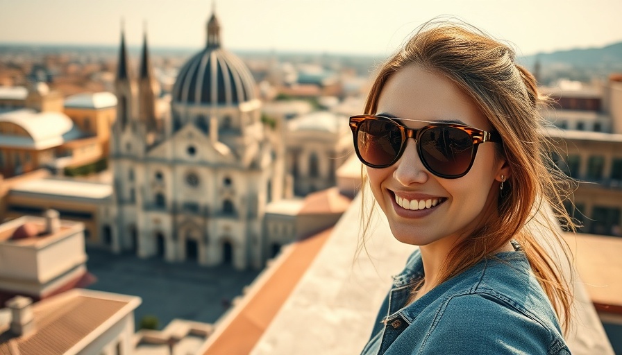 Smiling woman's travelling experience with a cathedral backdrop.