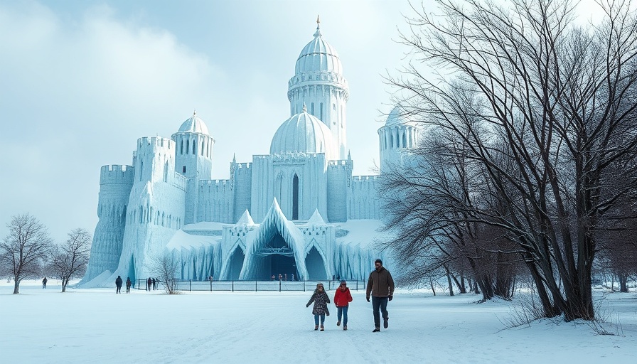 Family travel adventure exploring ice castle in winter.