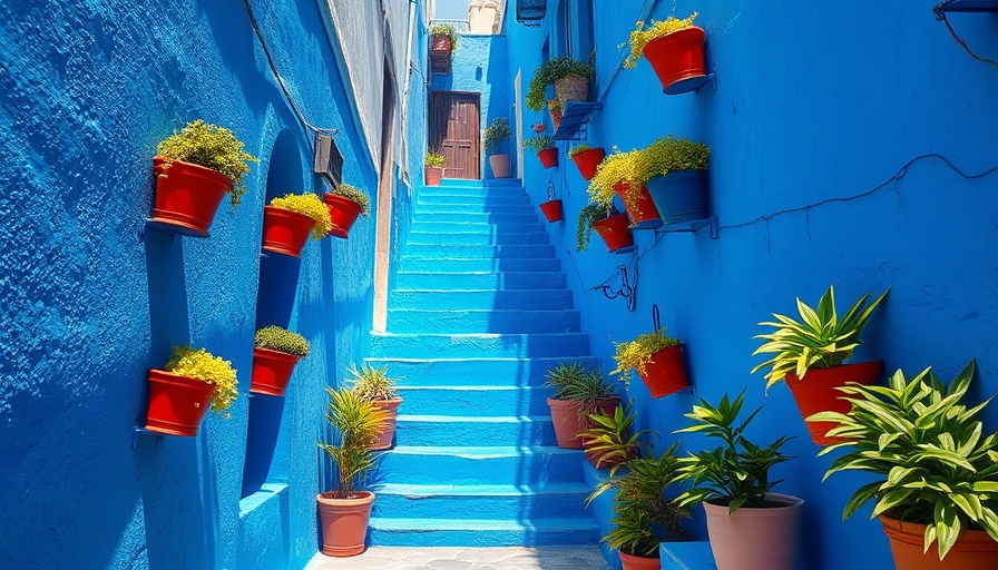 Colorful blue alleyway with potted plants for family travel ideas.