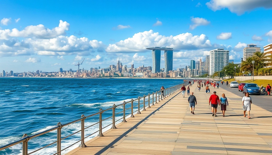 Scenic seaside city promenade with people walking in sunny weather.