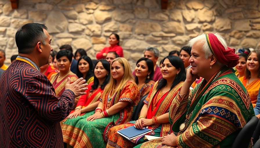 Cultural festival scene with diverse participants and speaker presenting