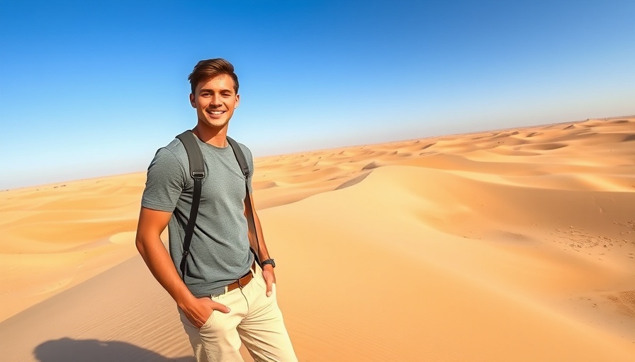 Young man on sand dune in desert for destination guide.