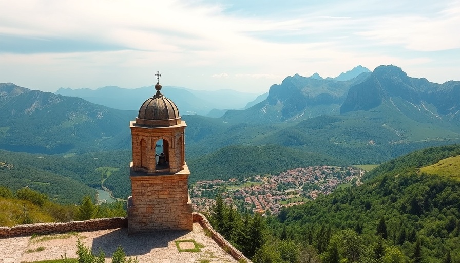 Ancient bell tower and scenic Picos de Europa landscape