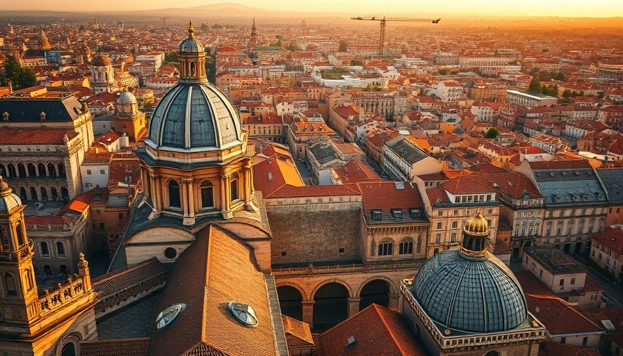 Aerial view of historic city architecture at sunset for destination guide.