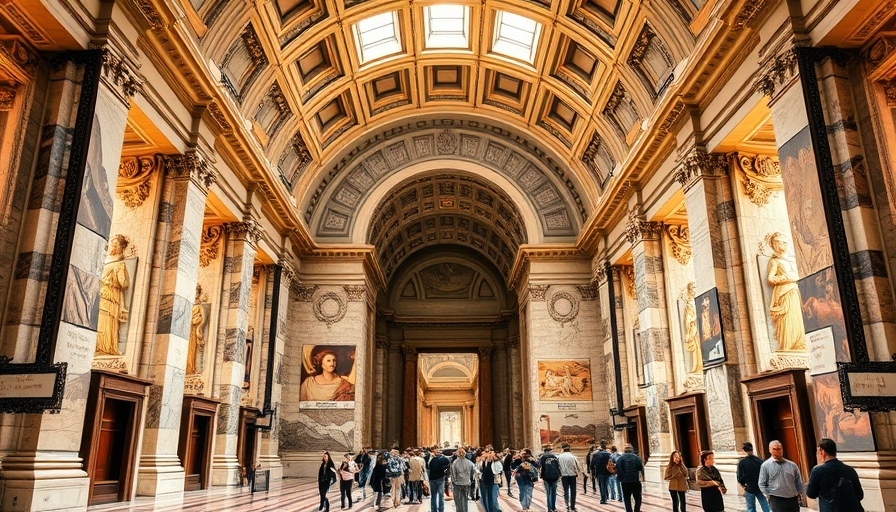 Tourists visit the grand entrance of Vatican Museums, admire marble architecture.