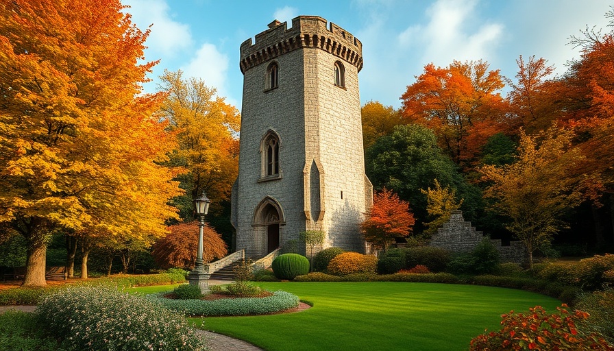Ancient stone tower with lush garden in an Irish historic site.