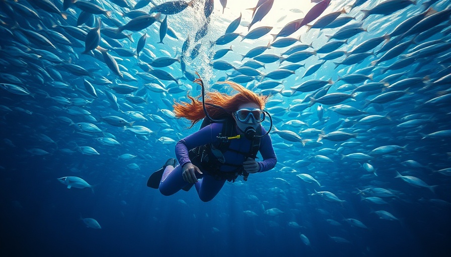 Female scuba diver exploring underwater fish school.