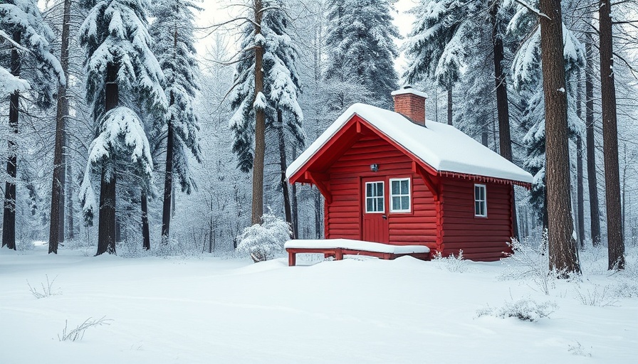 Budget travel Pocono Mountains: snow-covered cabin in serene forest.
