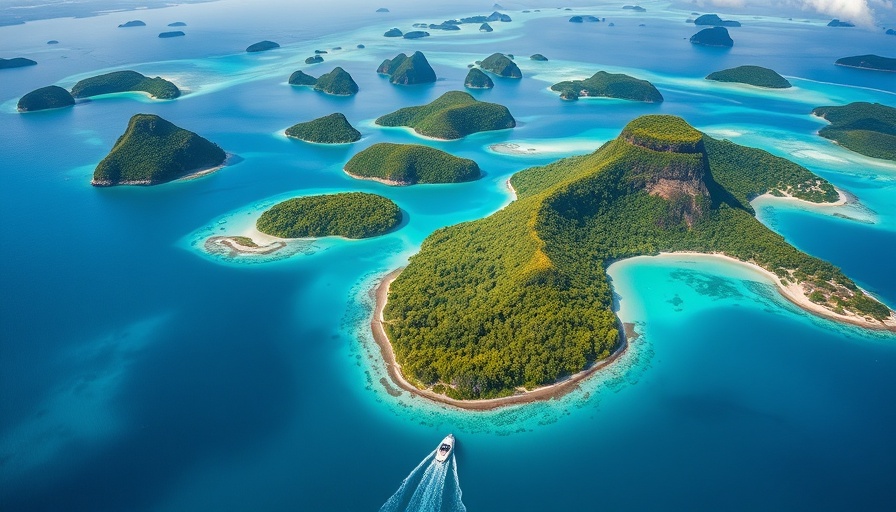 Scenic aerial of islands in Raja Ampat, emphasizing sustainable traveling in Indonesia.