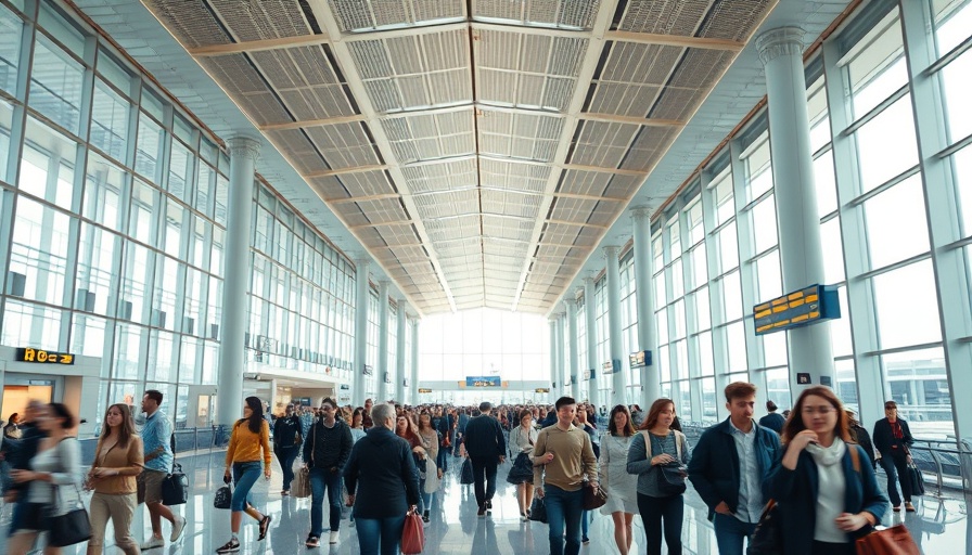 Spacious modern airport bustling with travelers in bright ambient light.