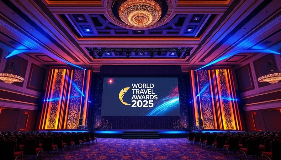 Elegant stage for World Travel Awards 2025 voting, with gold and blue decor.
