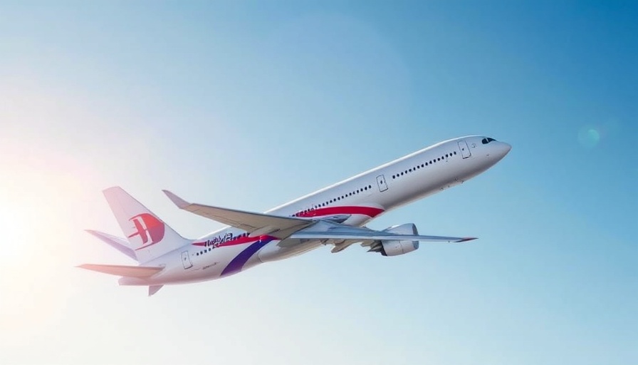 Malaysia Airlines plane in flight over blue sky.