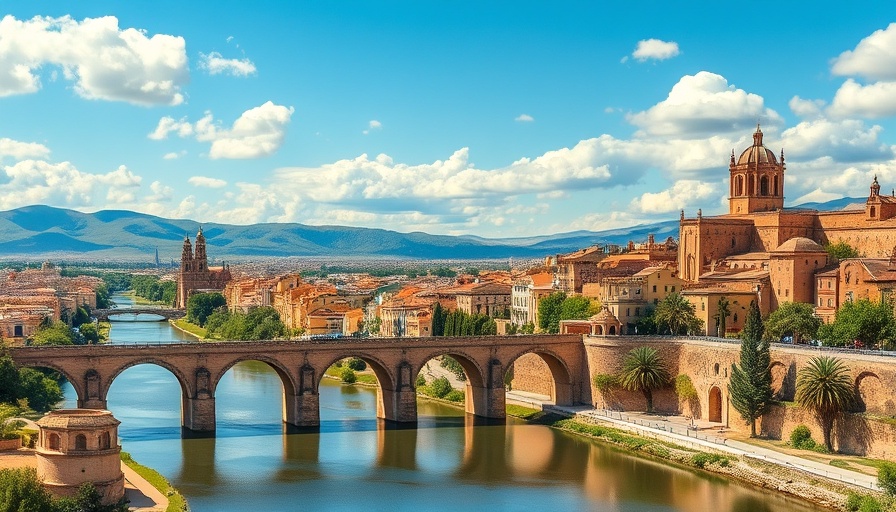 Panoramic view of Cordoba's historic architecture and Roman bridge, sunny day