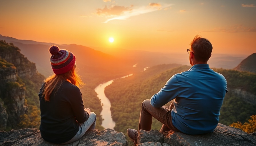 Couple enjoying scenic view from a cliff at sunset.