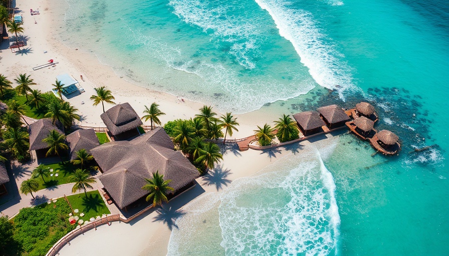 Aerial view of Tulum beach clubs with turquoise waters and palm huts.