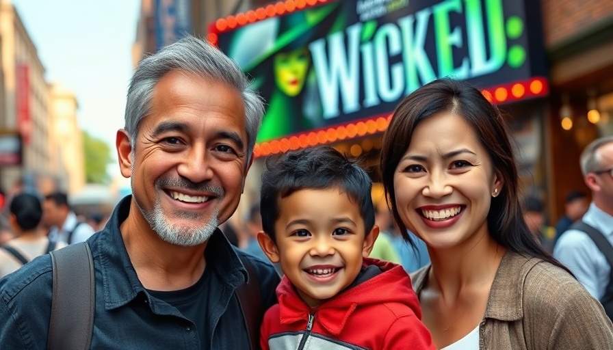 Two smiling people in front of Wicked on Broadway poster.