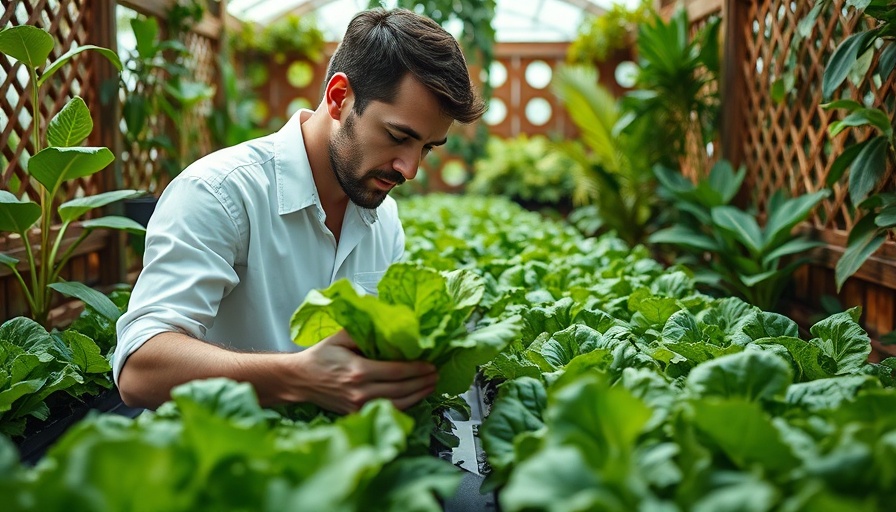 Man tending hydroponic lettuce in tropical garden, sustainable luxury in the Maldives