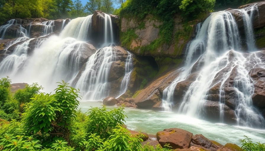 Stunning waterfall ideal for family travel places, lush greenery.