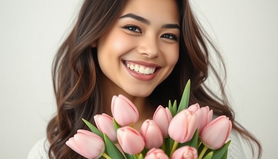Smiling woman with tulips, suggesting luxury travel gifts for Mother's Day.