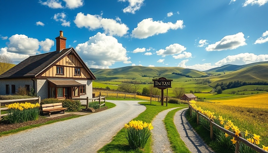 Charming countryside inn sign and daffodils on a family vacation 2025 path.