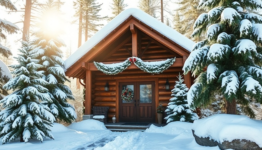 Charming log cabin entrance with snow and decorations, family vacation 2025 destination.