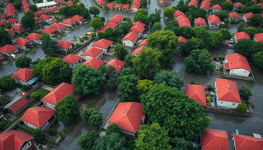 Aerial view of flooded red-roofed houses amid greenery, highlighting climate impact.