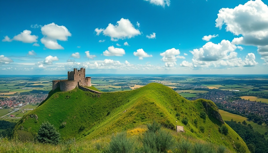 Montemor O Novo landscape with castle ruins and cloudy sky.