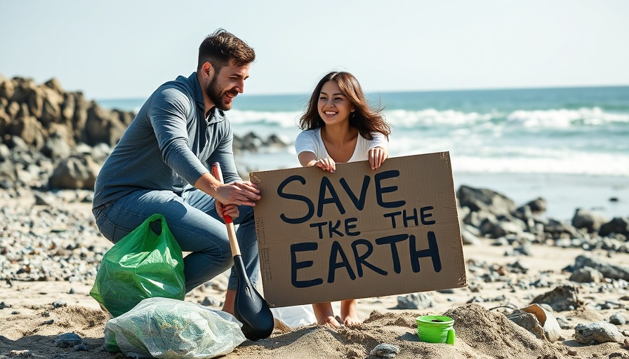 Family on beach holding environmental sign, sunny day
