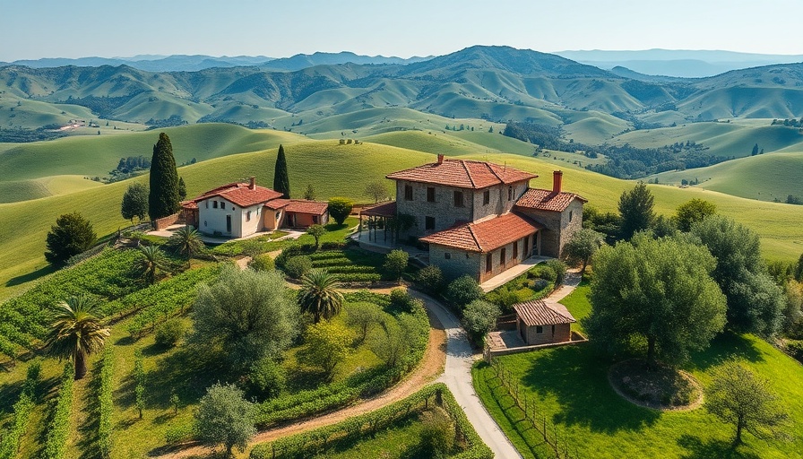 Eco-friendly country houses near Gubbio surrounded by vineyards.