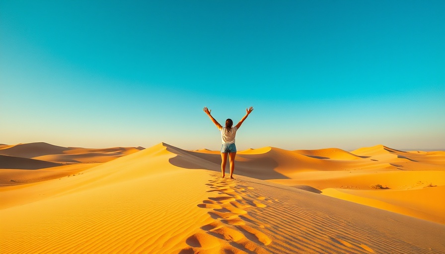 Person on sand dune with arms raised in lesser-visited park.