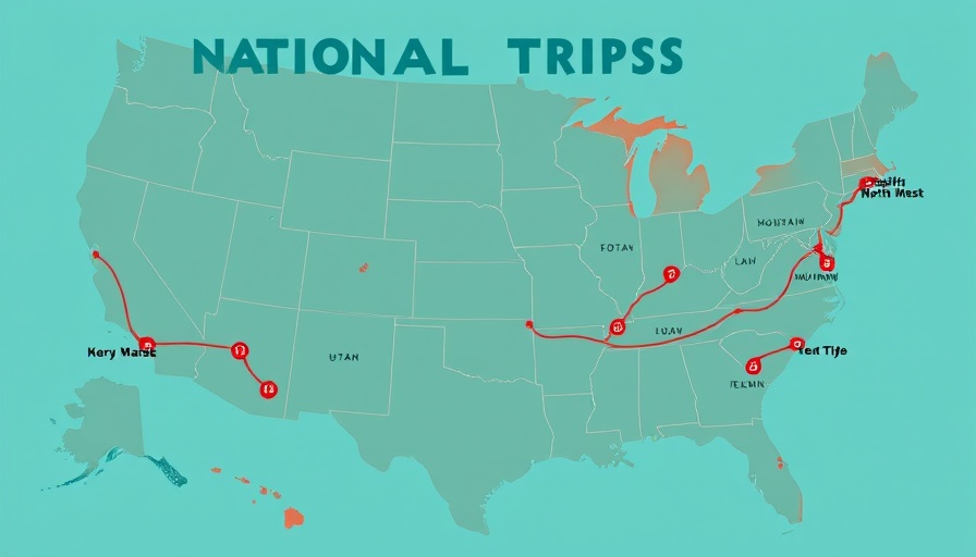 Illustrated map of U.S. national park road trips highlighting routes and parks.