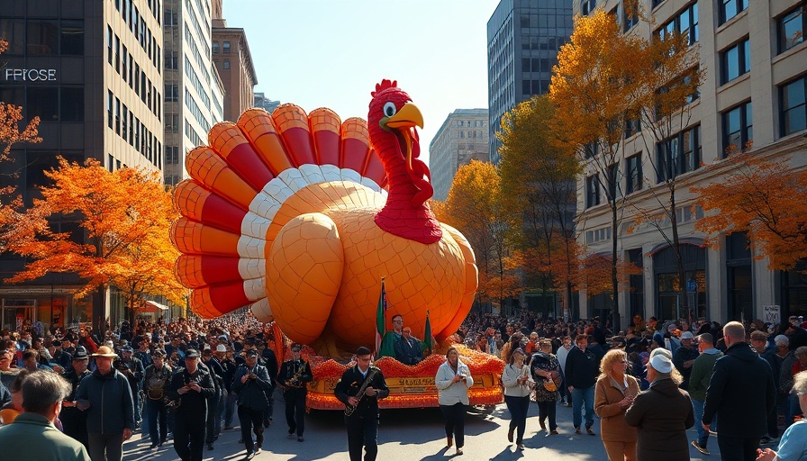 Thanksgiving getaways in the US: Festive parade with giant turkey float and band.