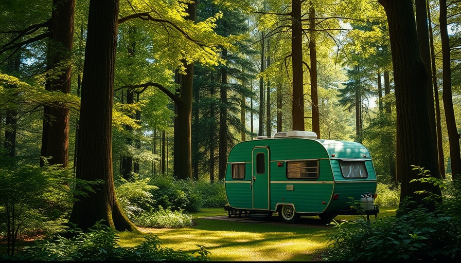 Vintage green camper in Portugal's serene forest for glamping.
