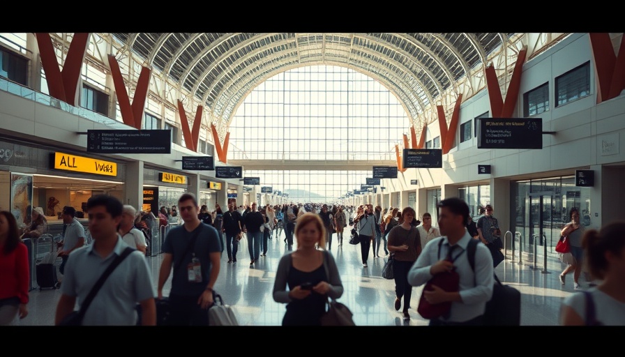 Vibrant airport terminal with travelers, travel news.