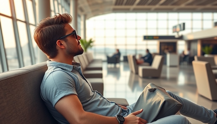 Relaxed traveler in airport lounge enjoying pre-flight wellness experience.