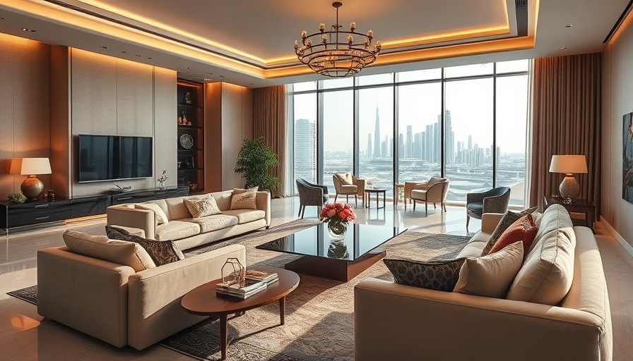 Luxurious modern living room in Abu Dhabi with skyline view.