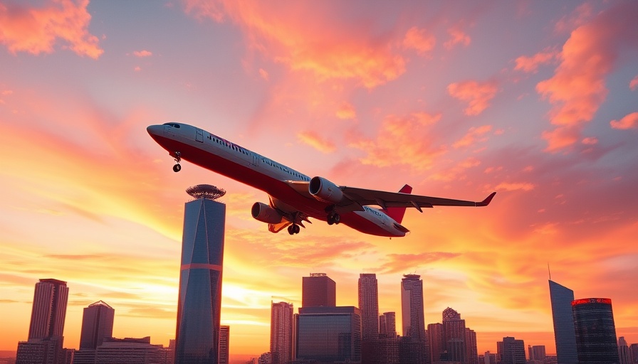 Scenic city skyline and plane depicting travel news.