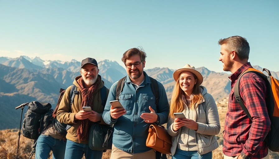 Travelers using AI-generated reviews in travel, scenic landscape.