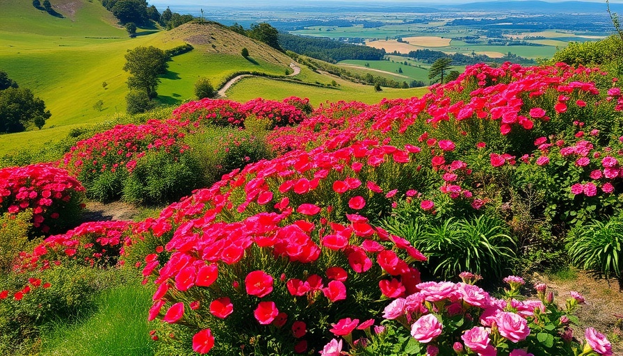 Sustainable travel destination with lush flowering hillside view.