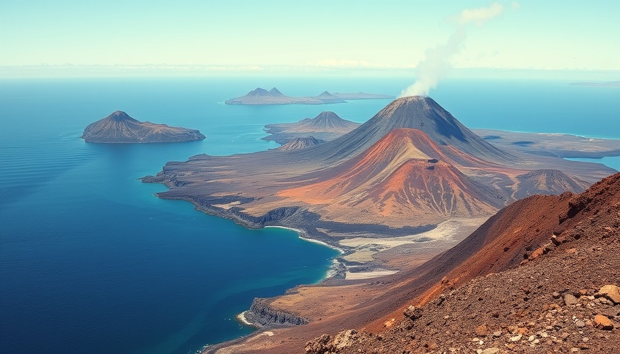 Volcanic landscape of Galapagos travel destination with blue waters.