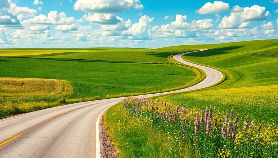 Scenic North Dakota road trip in spring with green fields and wildflowers.